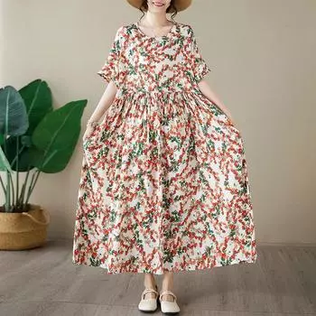 DIMANAF 2024 платье больших размеров женский летний сарафан с круглым вырезом богемный свободный макси-платье большого размера с цветочным принтом 9007