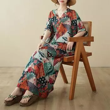 DIMANAF 2024 платье больших размеров женское летнее платье с v-образным вырезом богемный свободный макси-платье большого размера с цветочным принтом 9063