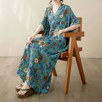 DIMANAF 2024 платье больших размеров женский летний сарафан с v-образным вырезом богемный свободный макси-платье большого размера с цветочным принтом 9053