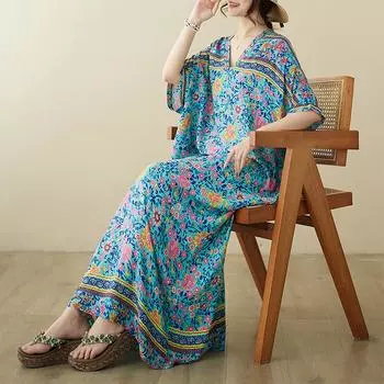 DIMANAF 2024 Платье больших размеров Женское летнее платье с v-образным вырезом Сарафан в богемном стиле с цветочным принтом Свободное платье макси большого размера 9066