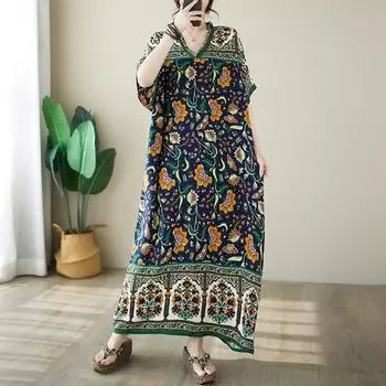 DIMANAF 2024 платье больших размеров женское летнее платье с v-образным вырезом богемный свободный макси-платье большого размера с цветочным принтом 9025