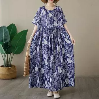 DIMANAF 2024 Платье больших размеров, женское летнее платье с круглым вырезом, богемный свободный макси-платье большого размера с цветочным принтом 9005