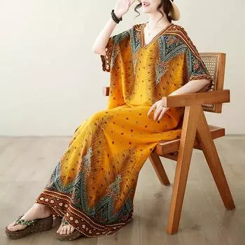 DIMANAF 2024 платье больших размеров женское летнее платье с v-образным вырезом богемный свободный макси-платье большого размера с цветочным принтом 5855