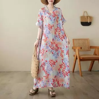 DIMANAF 2024 Платье больших размеров Женское летнее платье с v-образным вырезом Сарафан в богемном стиле с цветочным принтом Свободное платье макси большого размера 9072
