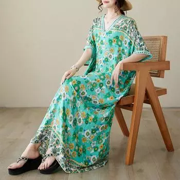 DIMANAF 2024 платье больших размеров женское летнее платье с v-образным вырезом богемный свободный макси-платье большого размера с цветочным принтом 9076