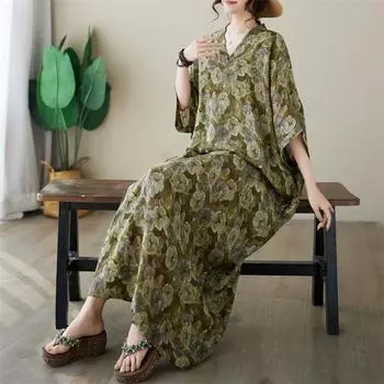 DIMANAF 2024 платье больших размеров женский летний сарафан с v-образным вырезом богемный свободный макси-платье большого размера с цветочным принтом 5004