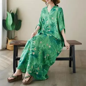 DIMANAF 2024 платье больших размеров женское летнее платье с v-образным вырезом богемный свободный макси-платье большого размера с цветочным принтом 5010