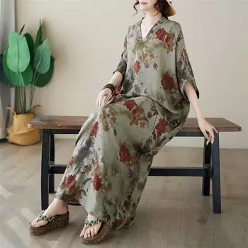 DIMANAF 2024 платье больших размеров женское летнее платье с v-образным вырезом богемный свободный макси-платье большого размера с цветочным принтом 5001