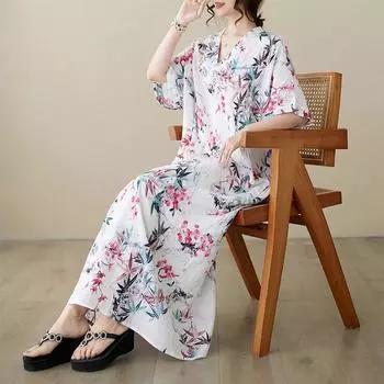 DIMANAF 2024 платье больших размеров женское летнее платье с v-образным вырезом богемный свободный макси-платье большого размера с цветочным принтом 9070