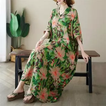 DIMANAF 2024 платье больших размеров женское летнее платье с v-образным вырезом богемный свободный макси-платье большого размера с цветочным принтом 5012