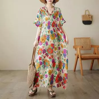 DIMANAF 2024 платье больших размеров женское летнее платье с v-образным вырезом богемный свободный макси-платье большого размера с цветочным принтом 9073