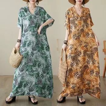 DIMANAF 2024 платье больших размеров женское летнее платье с v-образным вырезом богемный свободный макси-платье большого размера с цветочным принтом 9077