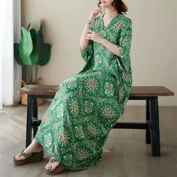 DIMANAF 2024 платье больших размеров женский летний сарафан с v-образным вырезом богемный свободный макси-платье большого размера с цветочным принтом 5011
