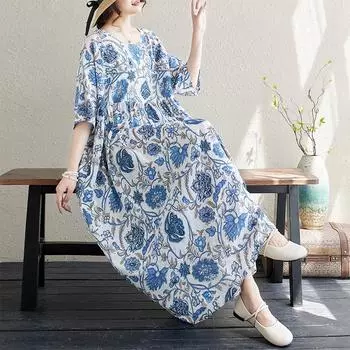 Dimanaf 2024 платье больших размеров, новое летнее базовое свободное женское платье с круглым вырезом, винтажное с коротким рукавом, пляжное длинное платье большого размера с цветочным принтом