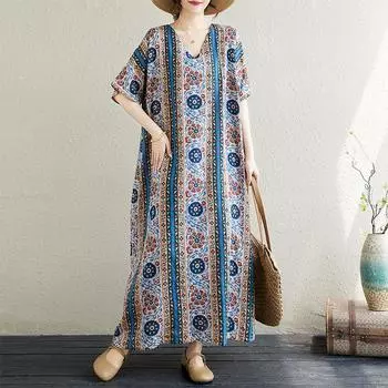 Dimanaf 2024 Платье больших размеров, новое летнее тонкое базовое женское платье с v-образным вырезом, свободное винтажное длинное льняное платье с короткими рукавами