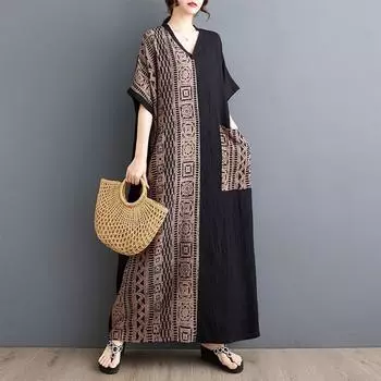 Dimanaf 2024 платье больших размеров, новое летнее праздничное базовое свободное женское платье с v-образным вырезом и коротким рукавом, винтажное длинное сращенное платье