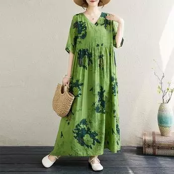 Dimanaf 2024 платье больших размеров, новое летнее винтажное базовое женское платье с цветочным принтом, свободное длинное зеленое платье с коротким рукавом и v-образным вырезом