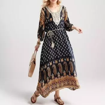 Dimanaf 2024 Платье больших размеров, летнее женское винтажное праздничное свободное платье с v-образным вырезом и коротким рукавом, новое богемное длинное платье One Size