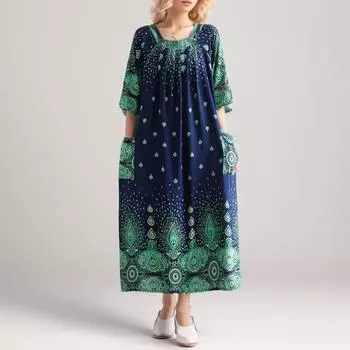 Dimanaf 2024 платье больших размеров, летнее женское платье с круглым вырезом в винтажном стиле, с цветочным принтом, свободное, с коротким рукавом, праздничное, новое длинное платье One Size жёлтый