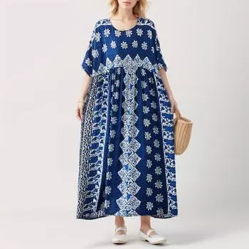 DIMANAF 2024 платье больших размеров, летнее женское свободное платье с круглым вырезом и цветочным принтом, макси с короткими рукавами, винтажное стильное праздничное новое платье 2XL