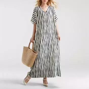 Dimanaf 2024 Платье больших размеров, летнее женское свободное льняное платье с короткими рукавами в винтажном стиле, новое полосатое платье с v-образным вырезом