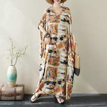 DIMANAF 2024 платье больших размеров женское летнее платье с v-образным вырезом богемный свободный макси-платье большого размера с цветочным принтом 5500 One Size