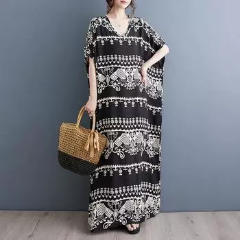 DIMANAF 2024 платье больших размеров женский летний сарафан с v-образным вырезом богемный свободный макси-платье большого размера с цветочным принтом 5470 One Size чёрный