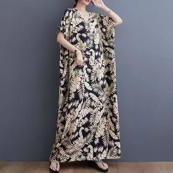 DIMANAF 2024 платье больших размеров женский летний сарафан с v-образным вырезом богемный свободный макси-платье большого размера с цветочным принтом 5448 One Size белый