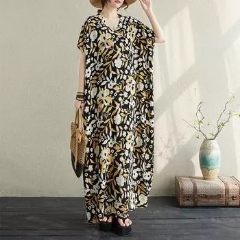 DIMANAF 2024 платье больших размеров женское летнее платье с v-образным вырезом богемный свободный макси-платье большого размера с цветочным принтом 718 One Size