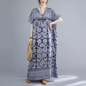 DIMANAF 2024 платье больших размеров женское летнее платье с v-образным вырезом богемный свободный макси-платье большого размера с цветочным принтом 5129 One Size синий