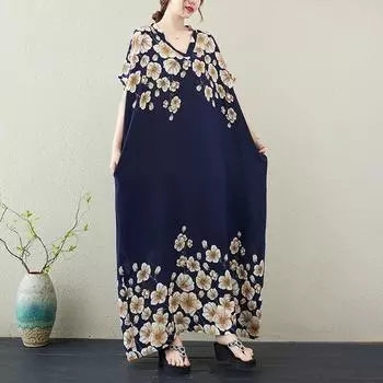 DIMANAF 2024 платье больших размеров женское летнее платье с v-образным вырезом богемный свободный макси-платье большого размера с цветочным принтом 5315 One Size зелёный