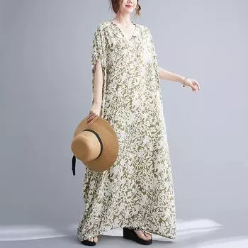 DIMANAF 2024 платье больших размеров женский летний сарафан с v-образным вырезом богемный свободный макси-платье большого размера с цветочным принтом 5193 One Size белый