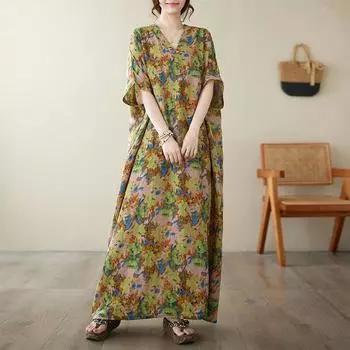 DIMANAF 2024 платье больших размеров женский летний сарафан с v-образным вырезом богемный свободный макси-платье большого размера с цветочным принтом 9050
