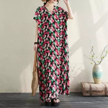 DIMANAF 2024 платье больших размеров женское летнее платье с v-образным вырезом богемный свободный макси-платье большого размера с цветочным принтом 716 One Size