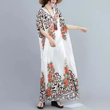DIMANAF 2024 платье больших размеров женский летний сарафан с v-образным вырезом богемный свободный макси-платье большого размера с цветочным принтом 214 One Size
