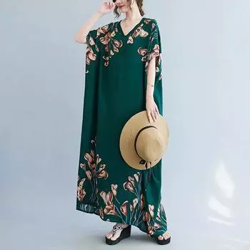 DIMANAF 2024 платье больших размеров женское летнее платье с v-образным вырезом богемный свободный макси-платье большого размера с цветочным принтом 5308 One Size