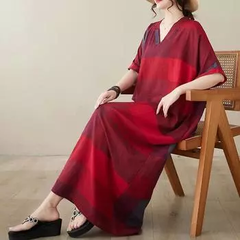 DIMANAF 2024 платье больших размеров женский летний сарафан с v-образным вырезом богемный свободный макси-платье большого размера с цветочным принтом 9041