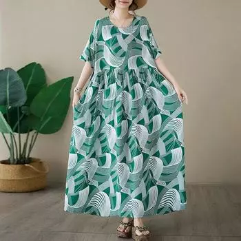 DIMANAF 2024 платье больших размеров женский летний сарафан с круглым вырезом богемный свободный макси-платье большого размера с цветочным принтом 9001