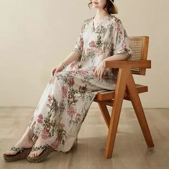 DIMANAF 2024 Платье больших размеров Женское летнее платье с v-образным вырезом Сарафан в богемном стиле с цветочным принтом Свободное платье макси большого размера 9064