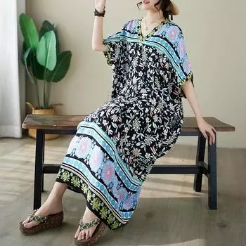 DIMANAF 2024 платье больших размеров женский летний сарафан с v-образным вырезом богемный свободный макси-платье большого размера с цветочным принтом 9021