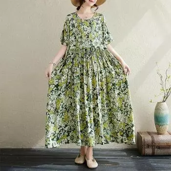 DIMANAF 2024 Платье больших размеров, женское летнее платье с круглым вырезом, богемный свободный макси-платье большого размера с цветочным принтом 9013