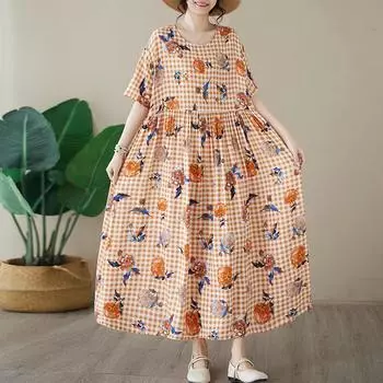 DIMANAF 2024 платье больших размеров, женское летнее платье с круглым вырезом, богемный свободный макси-платье большого размера с цветочным принтом 9003