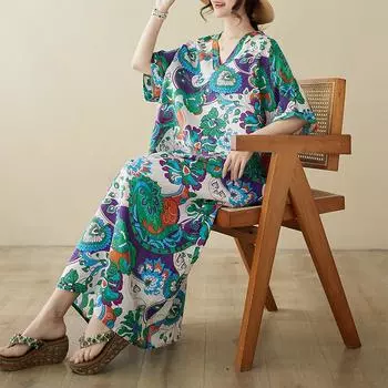 DIMANAF 2024 платье больших размеров женское летнее платье с v-образным вырезом богемный свободный макси-платье большого размера с цветочным принтом 9062