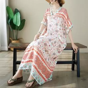 DIMANAF 2024 платье больших размеров женский летний сарафан с v-образным вырезом богемный свободный макси-платье большого размера с цветочным принтом 9020