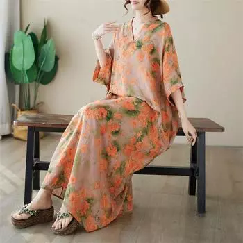 DIMANAF 2024 платье больших размеров женское летнее платье с v-образным вырезом богемный свободный макси-платье большого размера с цветочным принтом 5005