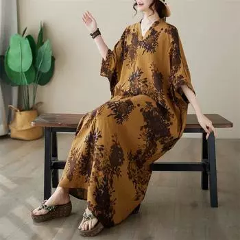 DIMANAF 2024 платье больших размеров женский летний сарафан с v-образным вырезом богемный свободный макси-платье большого размера с цветочным принтом 5002