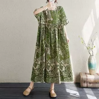 DIMANAF 2024 Платье больших размеров Новое летнее базовое свободное женское винтажное платье с круглым вырезом и коротким рукавом большого размера для пляжа Длинное платье One Size зелёный