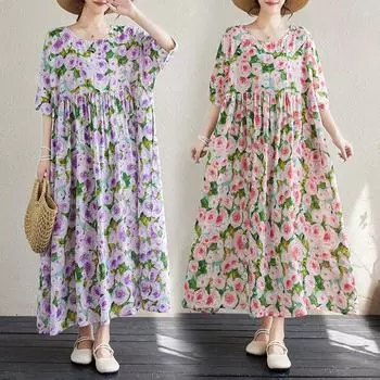 DIMANAF 2024 платье больших размеров, новое летнее базовое свободное женское платье с круглым вырезом, винтажное пляжное длинное платье большого размера с короткими рукавами и цветочным принтом
