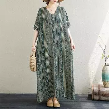 Dimanaf 2024 Платье больших размеров, новое летнее полосатое базовое женское свободное длинное льняное платье с коротким рукавом, винтажное платье с v-образным вырезом