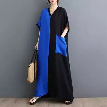 Dimanaf 2024 платье больших размеров, новое летнее однотонное базовое женское платье с v-образным вырезом, свободное винтажное длинное платье с короткими рукавами